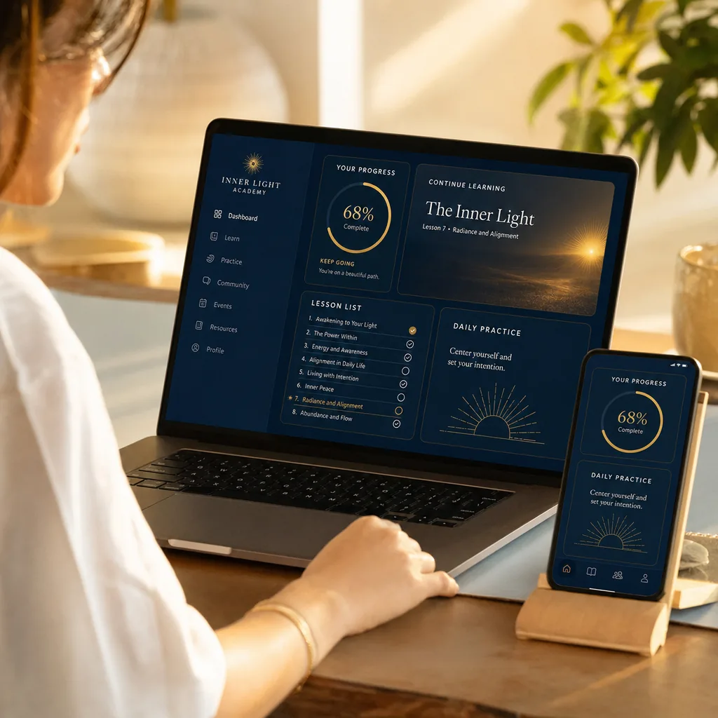 Inside the program: course dashboard with modules, lessons and reference guides